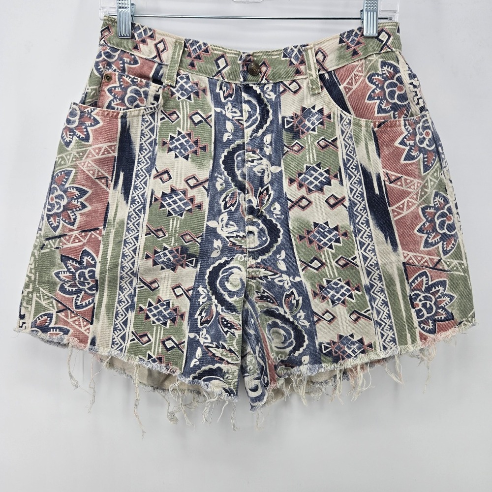 Vtg 90s Y2K Shorts Vivaldi Paisley Denim 12 High Rise Festival Aztec Tribal Geom